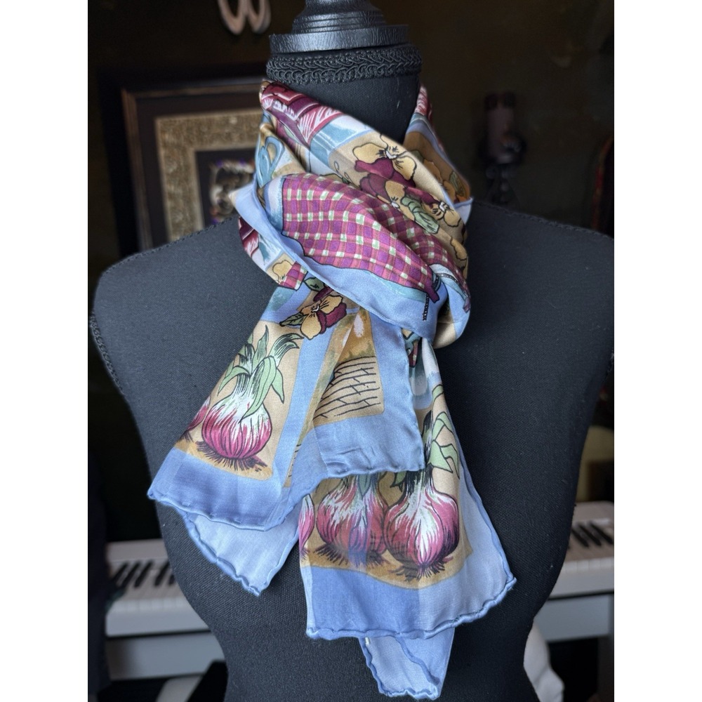Unbranded Floral Garden Scarf Blue Satin Feel Tomato Print 53 x 10 In Vintage